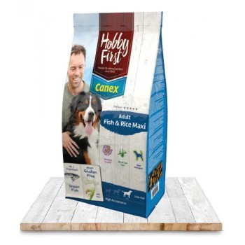 HobbyFirst Canex Adult Fish & Rice Maxi is een geëxtrudeerde hondenvoeding voor volwassen honden van grote rassen.