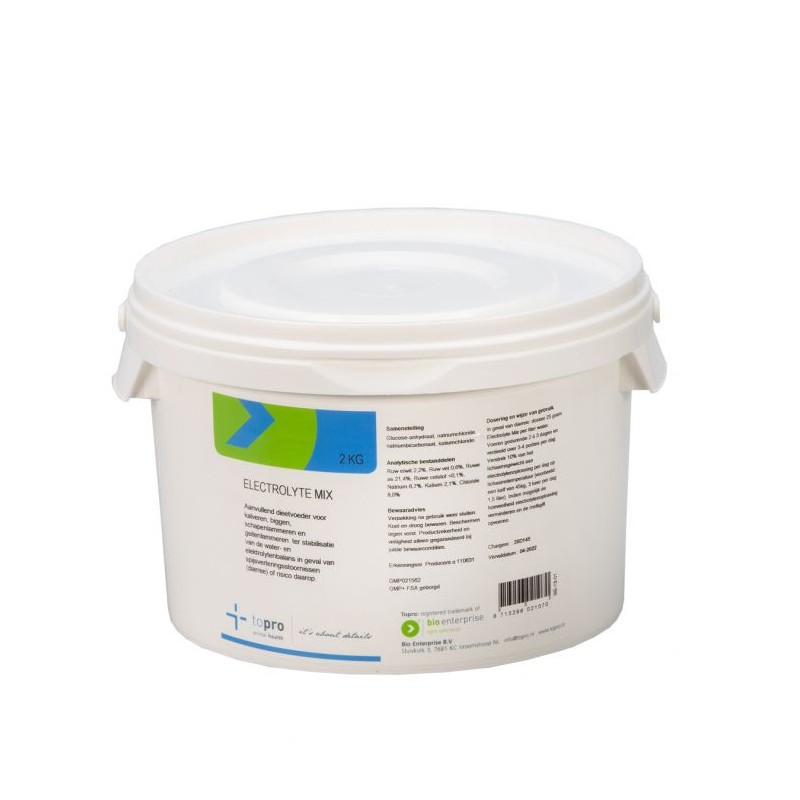 Topro Electrolyte Mix is een wateroplosbaar poeder op basis van elektrolyten en glucose voor kalveren, lammeren en biggen.