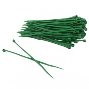 Deze groene kabelbinder (tiewrap/TY-wrap) is gemaakt van nylon.materialen zoals kabels.
