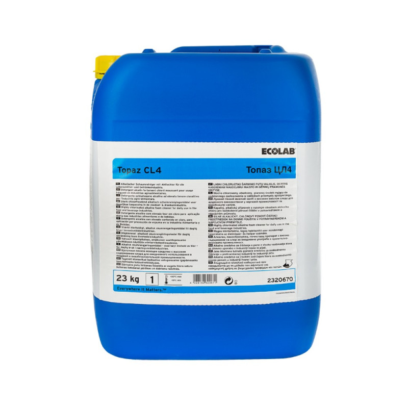 Ecolab Topaz CL4 is een vloeibaar alkalisch reinigingsmiddel met hoog geconcentreerd vrij beschikbaar chloor.