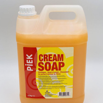 Piek Cream Soap 5 liter, heeft een reinigende werking, is zacht voor de huid en heeft een heerlijke perzikgeur.