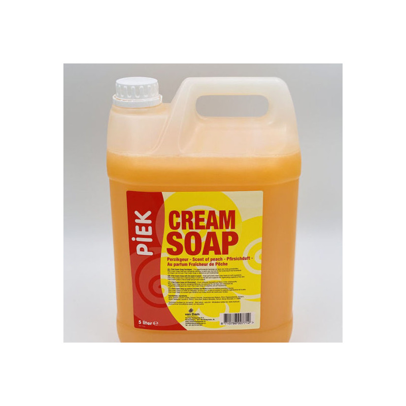 Piek Cream Soap 5 liter, heeft een reinigende werking, is zacht voor de huid en heeft een heerlijke perzikgeur.