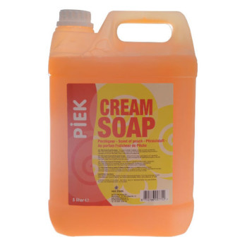 Piek Cream Soap 5 liter, heeft een reinigende werking, is zacht voor de huid en heeft een heerlijke perzikgeur.