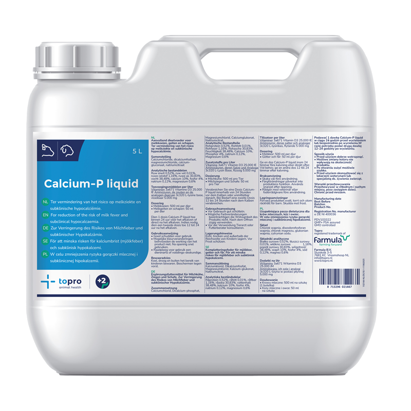 Topro Calcium-P Liquid is ontwikkeld om afgekalfde koeien snel te voorzien van calcium en zo het risico op melkziekte te verlage
